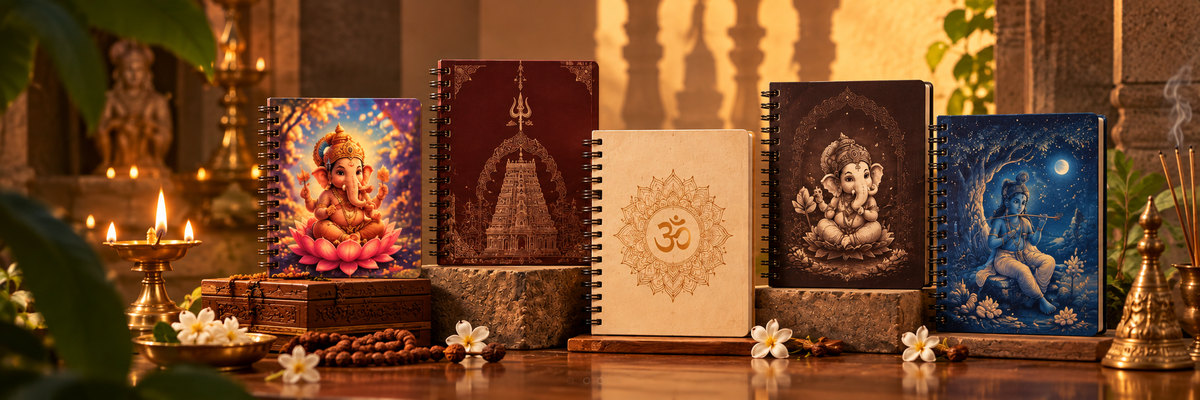 Hindu-inspired notepads featuring Ganesha, Krishna, Om and Trishul designs