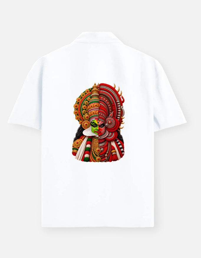 White Onam shirt with Kathakali and Theyyam fusion design
